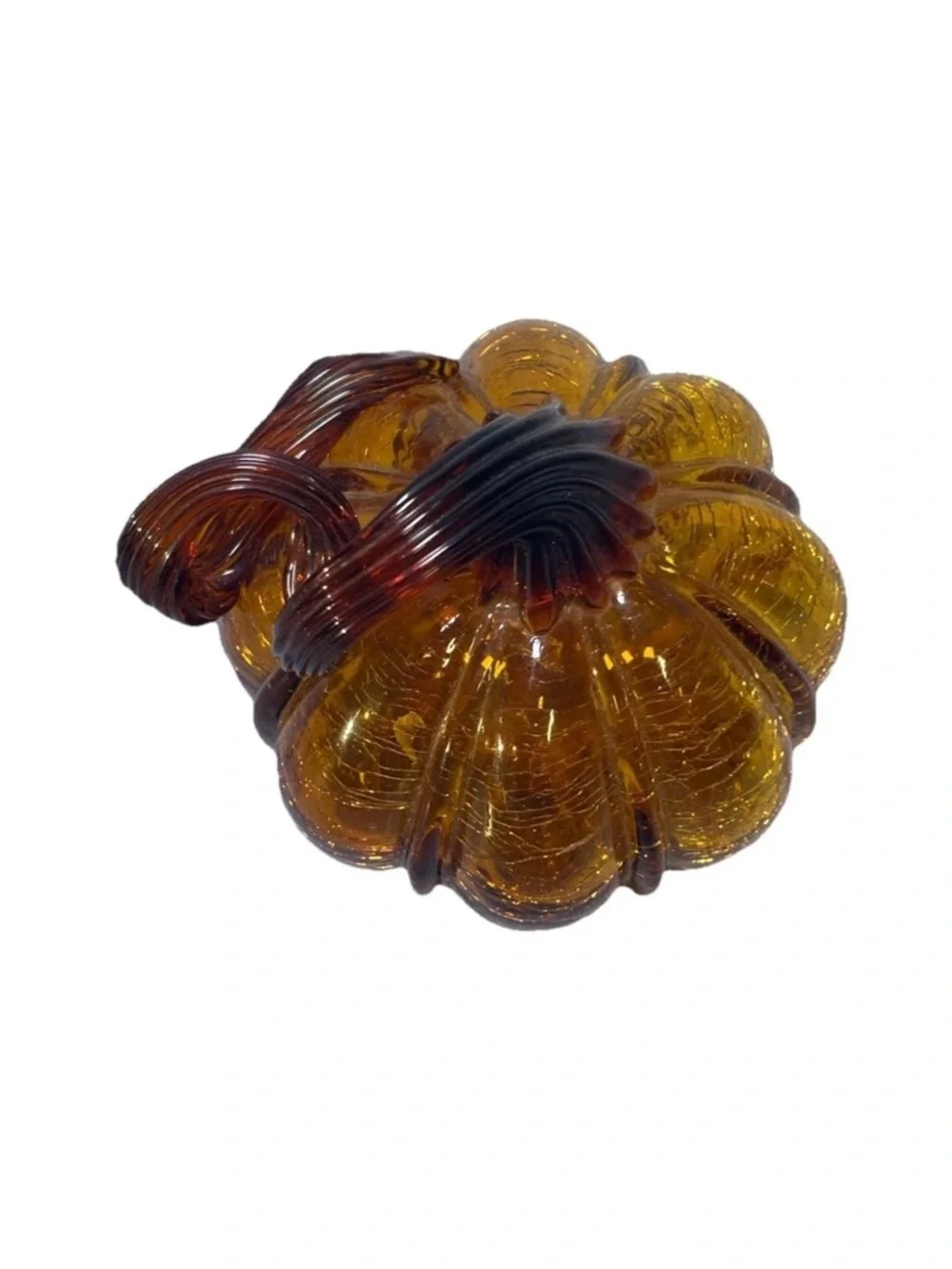 Glass Amber Pumpkin Hand Blown Crackle Finish Thanksgiving Curly Steam Pier One